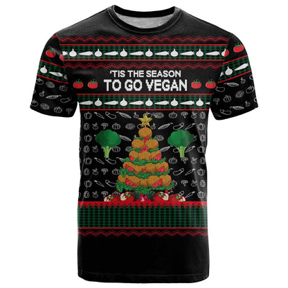 Vegan Christmas T-Shirt with Tis the Season to Go Vegan Quote and Vegetable Tree Graphic Tee