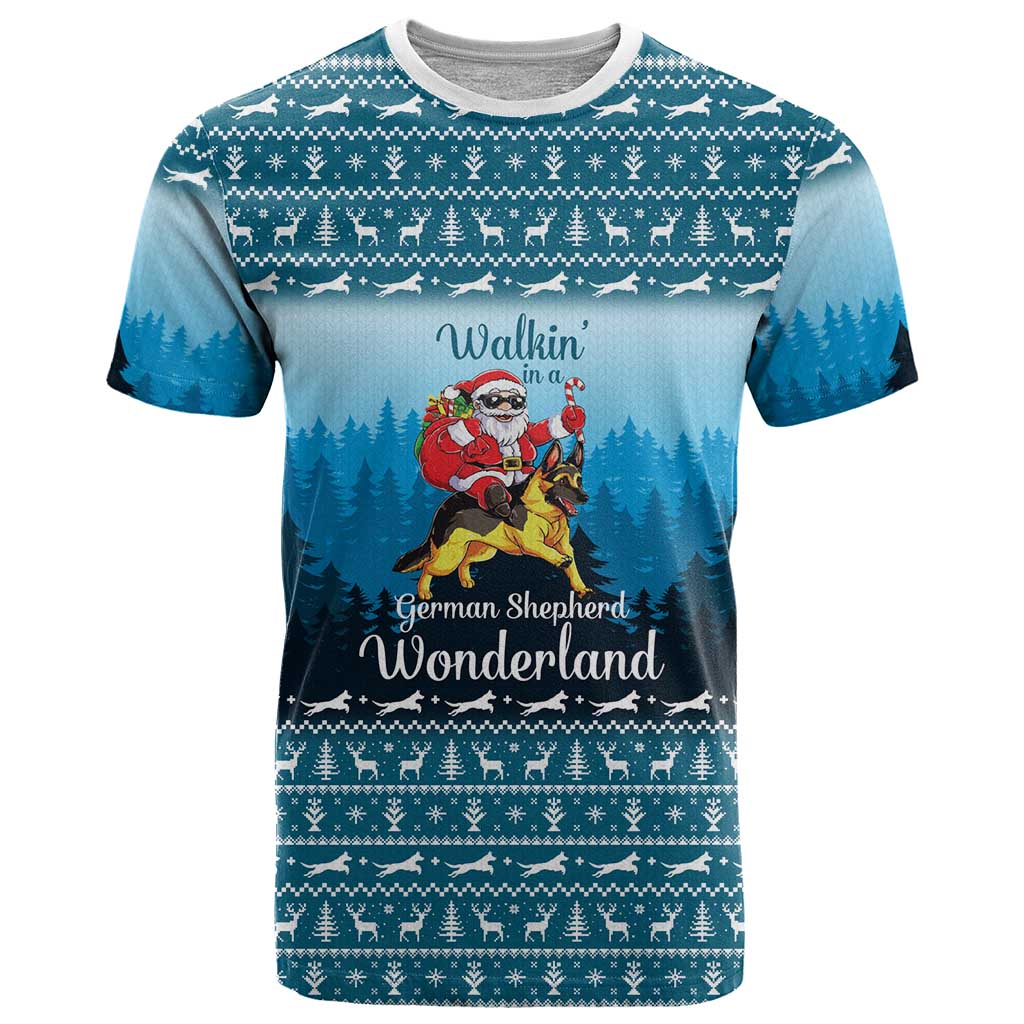 German Shepherd Christmas T-Shirt with Walking in a Wonderland Quote and Santa Forest Graphic Tee