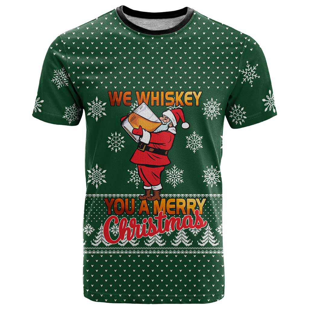 Funny Whiskey Christmas T-Shirt with Santa Holding Mug and We Whiskey You a Merry Christmas Quote Graphic Tee