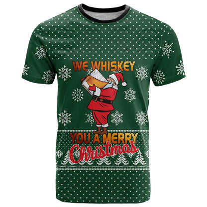 Funny Whiskey Christmas T-Shirt with Santa Holding Mug and We Whiskey You a Merry Christmas Quote Graphic Tee