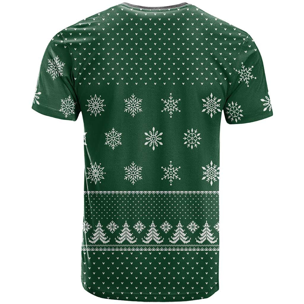Funny Whiskey Christmas T-Shirt with Santa Holding Mug and We Whiskey You a Merry Christmas Quote Graphic Tee