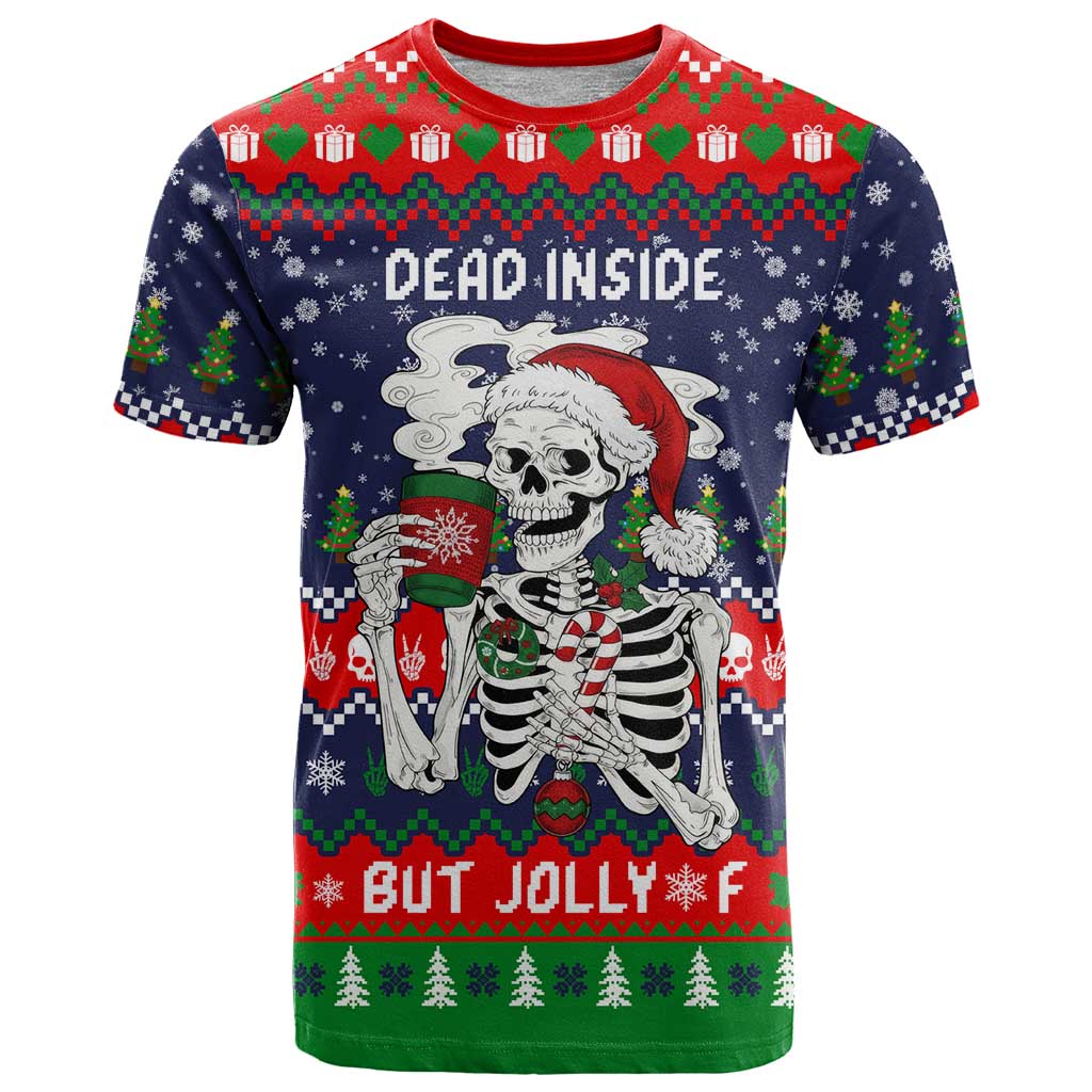 Dead Inside But Jolly Af Christmas Skeleton T-Shirt Xmas Holiday Patterns Graphic Tee