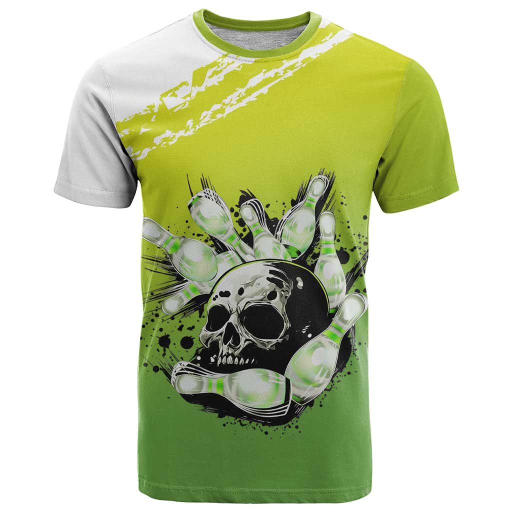 Personalized Skull Bowling T-Shirt with Neon Green Strike Design - Edgy Bowler Style Graphic Tee
