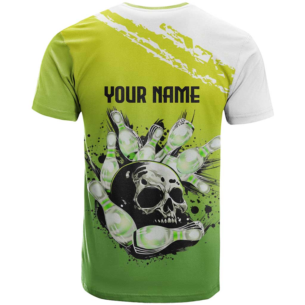 Personalized Skull Bowling T-Shirt with Neon Green Strike Design - Edgy Bowler Style Graphic Tee