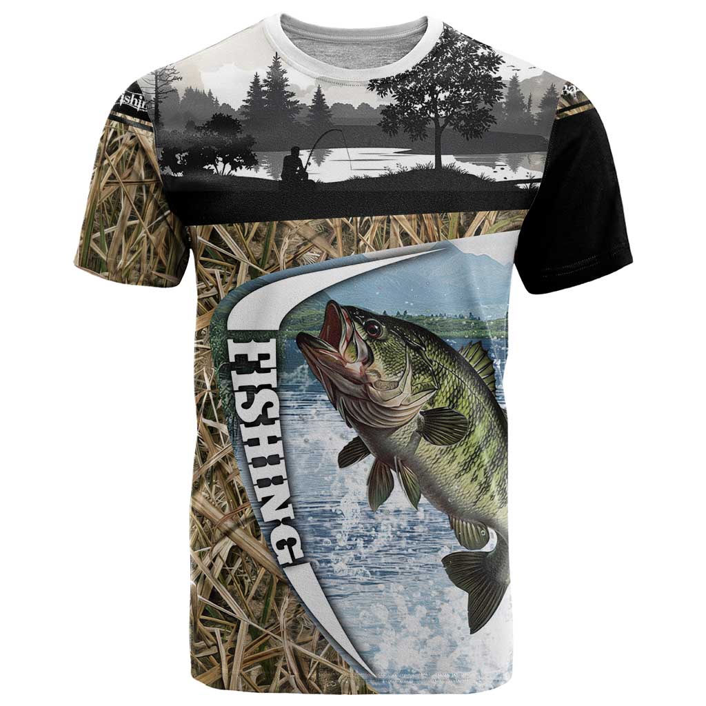 Personalized Largemouth Bass Fishing T-Shirt with Camo Reeds - Outdoor Angler Design Graphic Tee