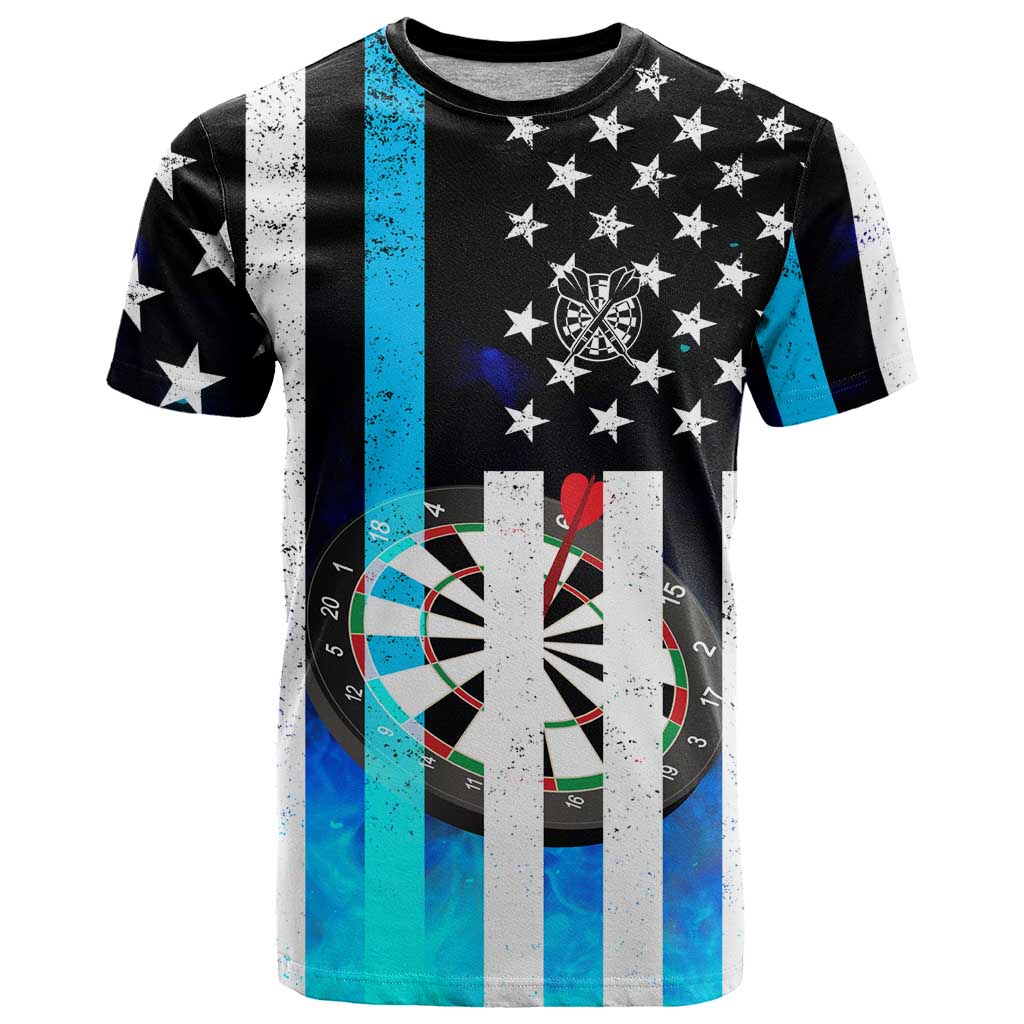 Personalized Blue Flame American Flag Dart T-Shirt Patriotic Dartboard Design Graphic Tee