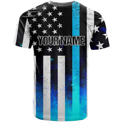 Personalized Blue Flame American Flag Dart T-Shirt Patriotic Dartboard Design Graphic Tee