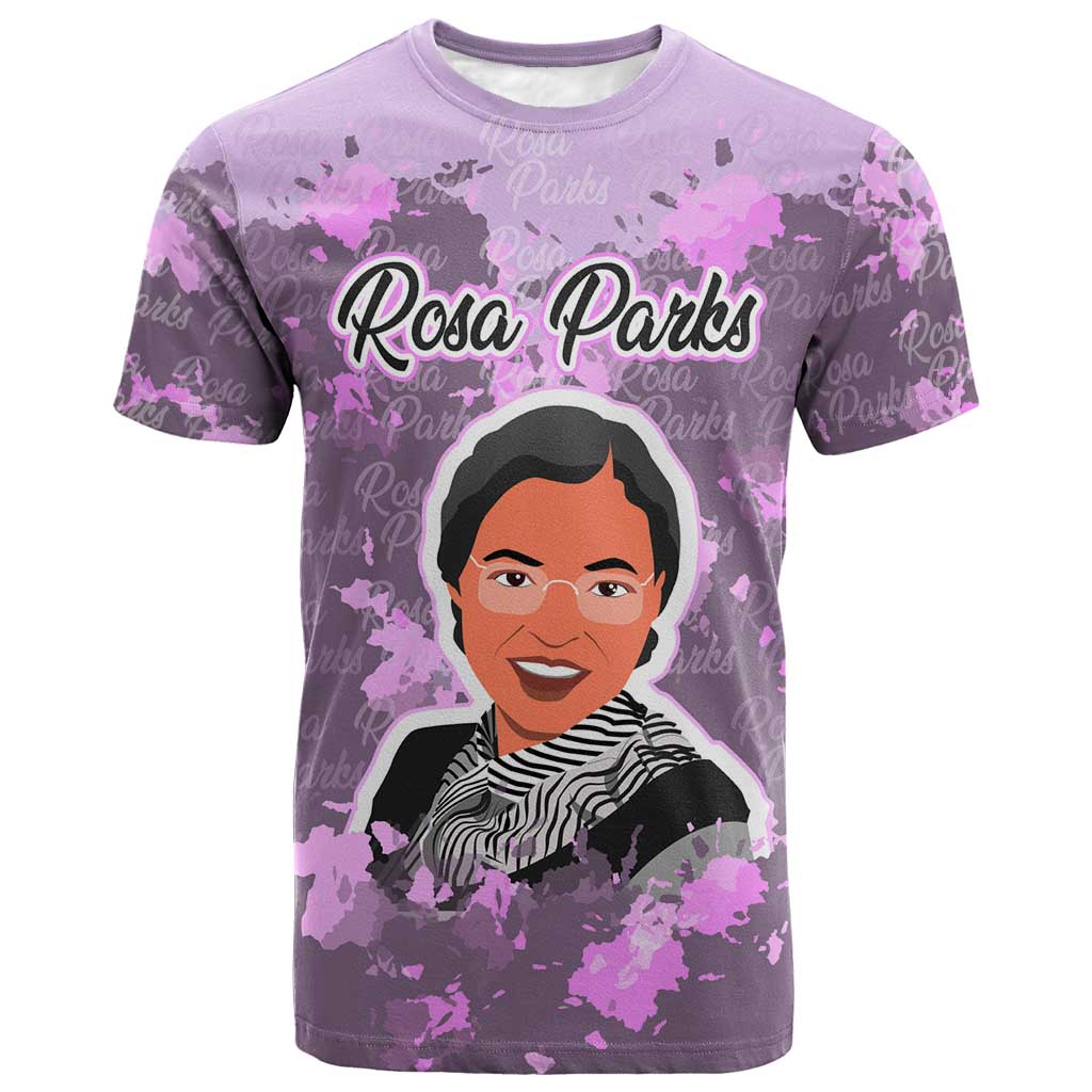 Rosa Parks T-Shirt Purple Floral Pattern Civil Rights Tribute Bold Name Repeated Text Design Graphic Tee