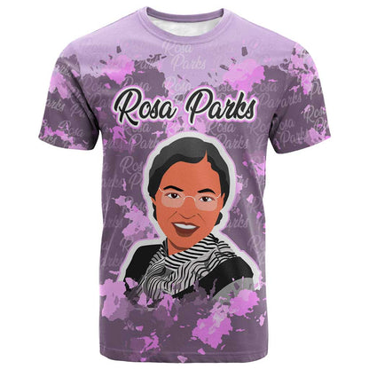 Rosa Parks T-Shirt Purple Floral Pattern Civil Rights Tribute Bold Name Repeated Text Design Graphic Tee