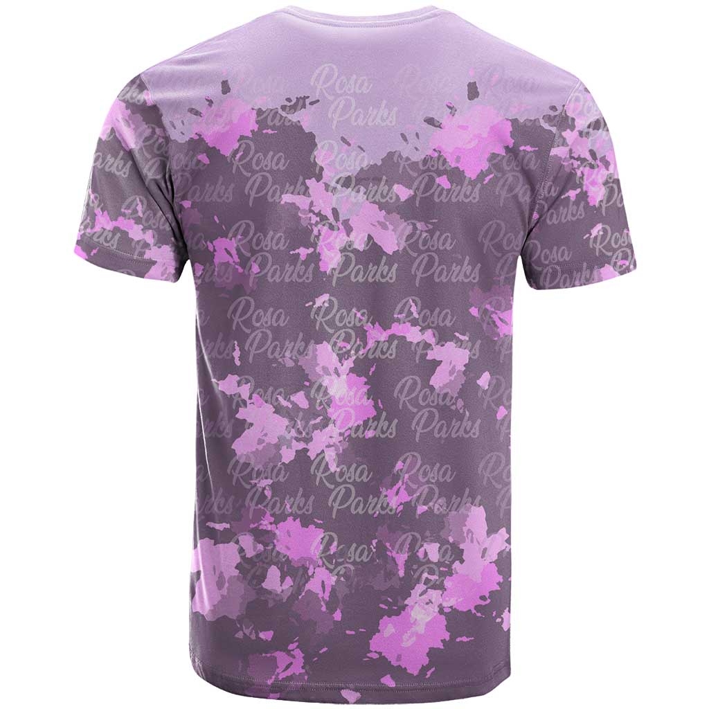 Rosa Parks T-Shirt Purple Floral Pattern Civil Rights Tribute Bold Name Repeated Text Design Graphic Tee