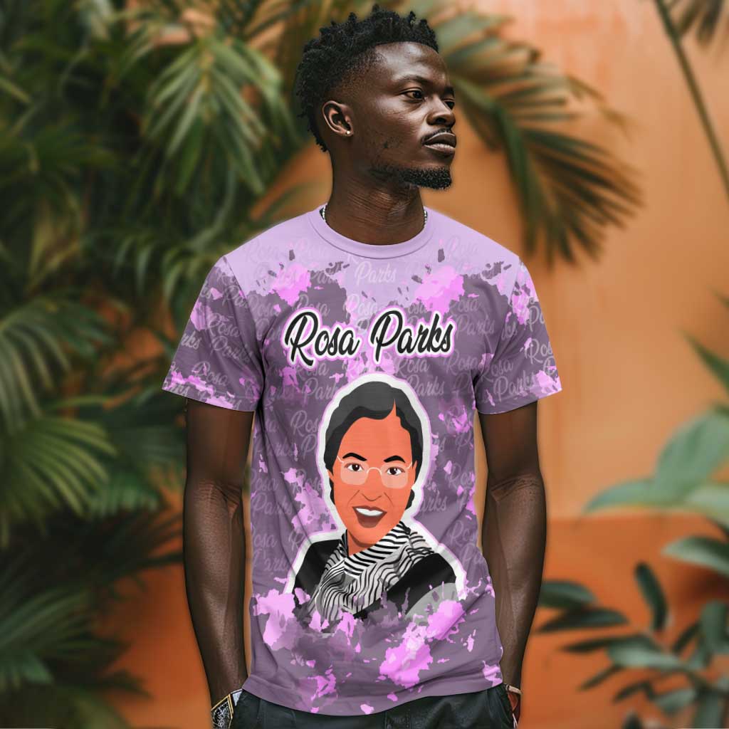 Rosa Parks T-Shirt Purple Floral Pattern Civil Rights Tribute Bold Name Repeated Text Design Graphic Tee