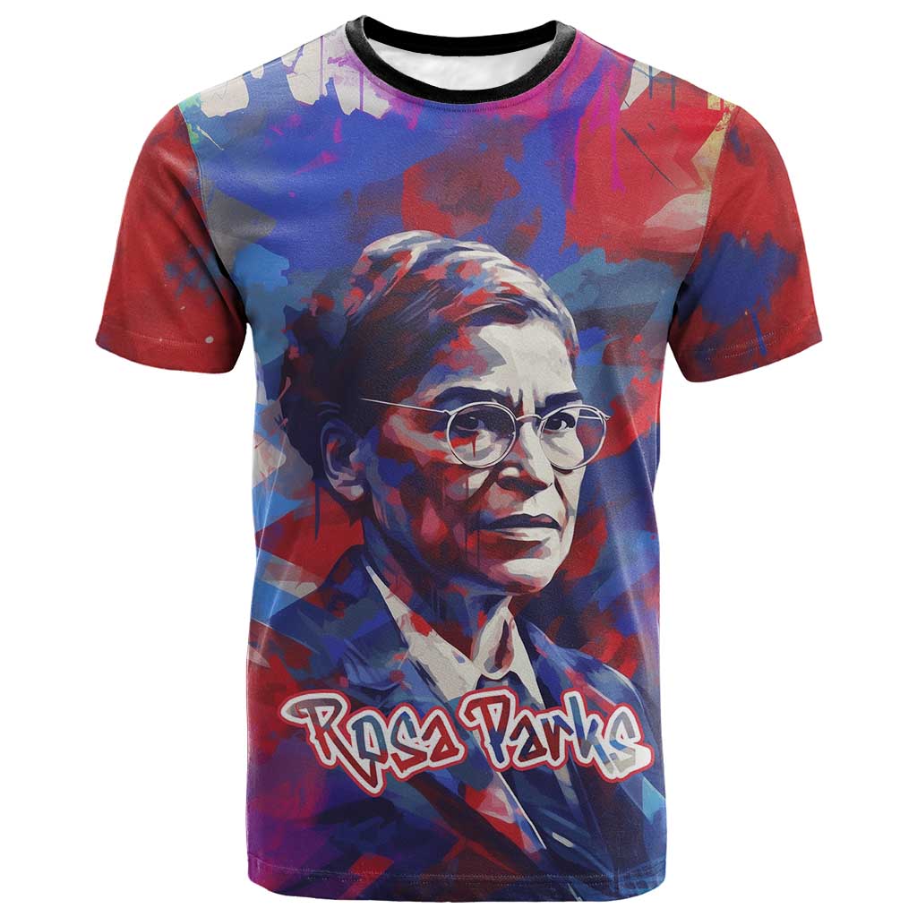 Rosa Parks T-Shirt Red Blue Abstract Art Portrait Sitting Down to Stand Up Quote Civil Rights Tribute Graphic Tee