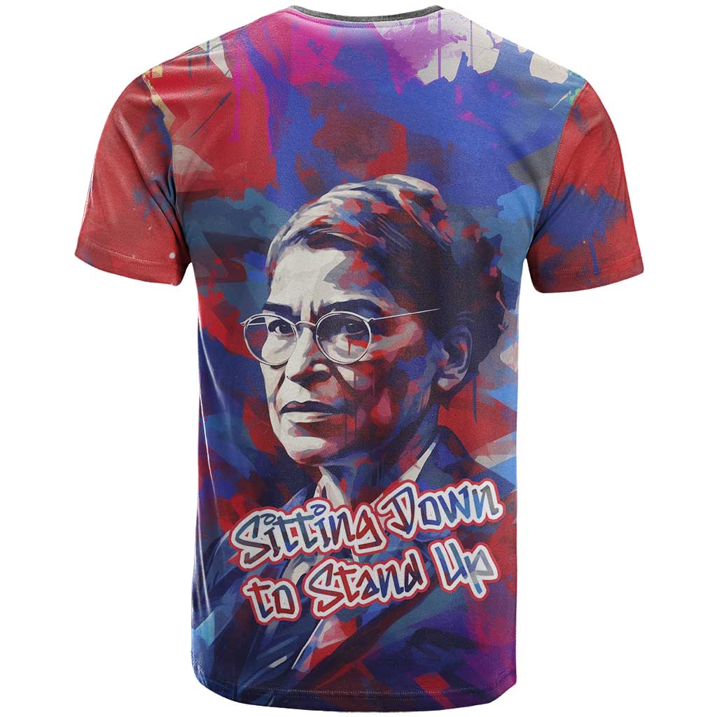 Rosa Parks T-Shirt Red Blue Abstract Art Portrait Sitting Down to Stand Up Quote Civil Rights Tribute Graphic Tee