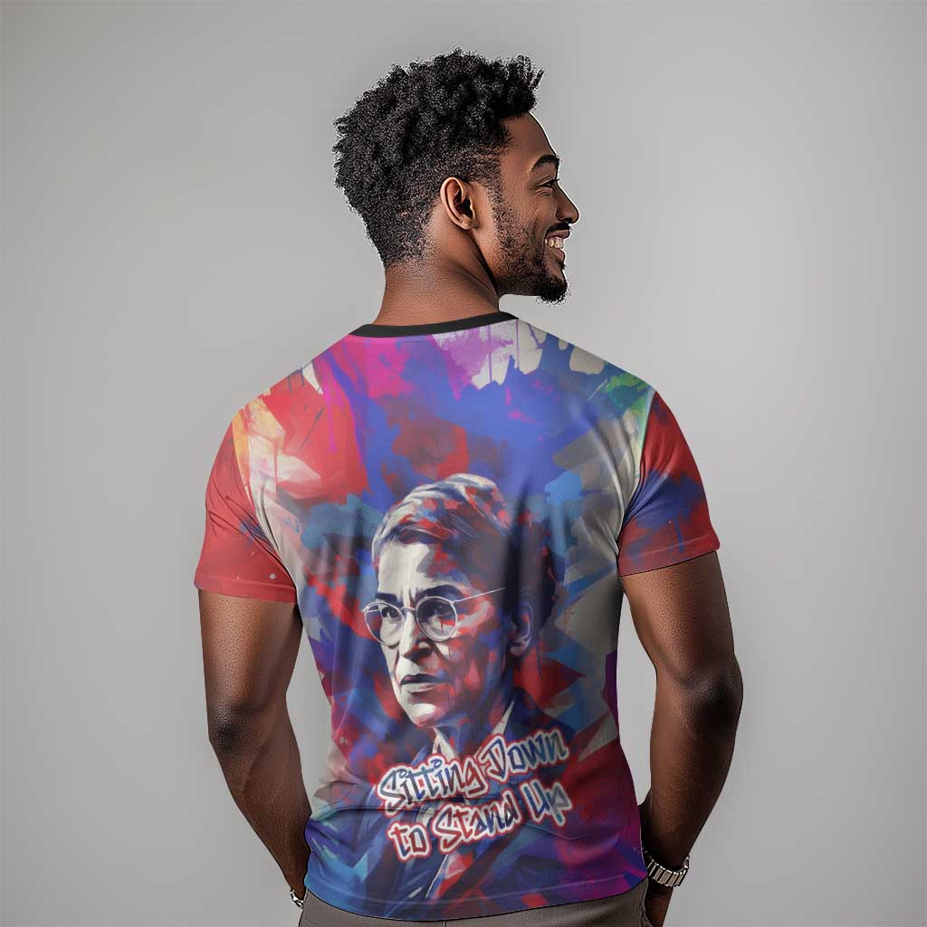 Rosa Parks T-Shirt Red Blue Abstract Art Portrait Sitting Down to Stand Up Quote Civil Rights Tribute Graphic Tee
