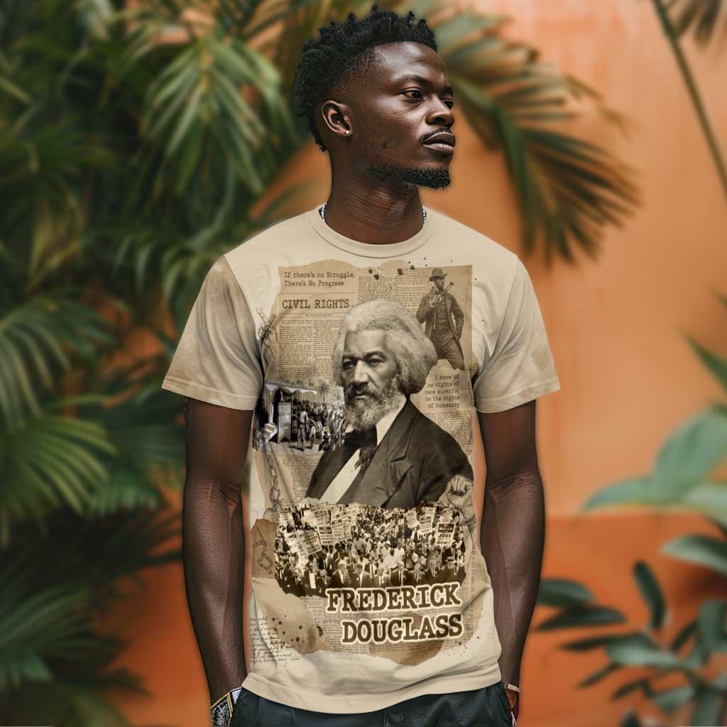 Frederick Douglass T-Shirt Sepia Newspaper Collage Civil Rights March Historic Quote Design Graphic Tee