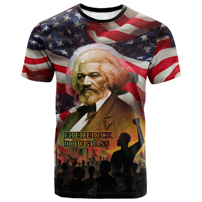 Frederick Douglass T-Shirt American Flag Background Powerful Quote Build Strong Children Civil Rights Tribute Graphic Tee