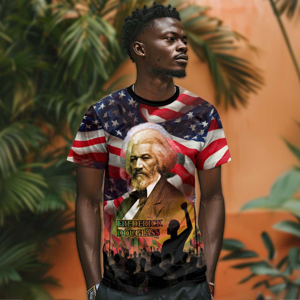 Frederick Douglass T-Shirt American Flag Background Powerful Quote Build Strong Children Civil Rights Tribute Graphic Tee