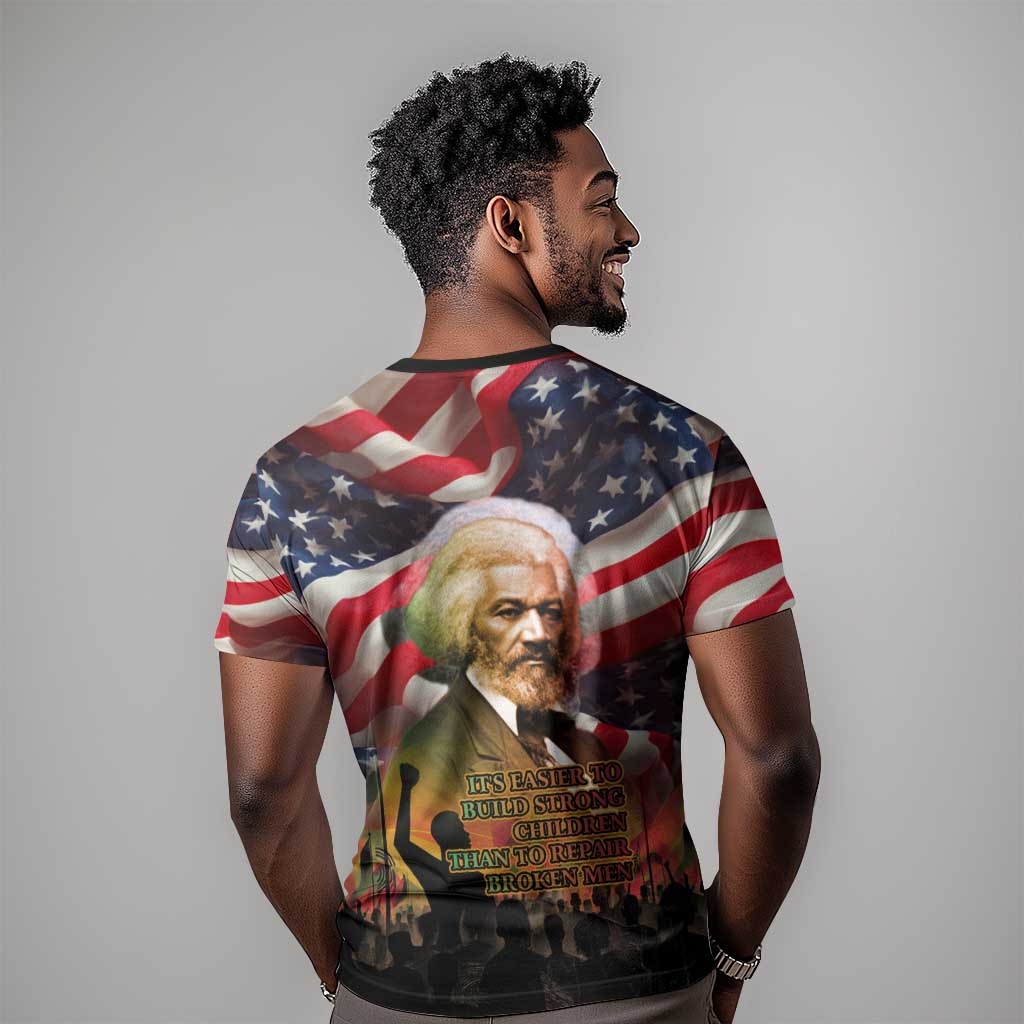 Frederick Douglass T-Shirt American Flag Background Powerful Quote Build Strong Children Civil Rights Tribute Graphic Tee