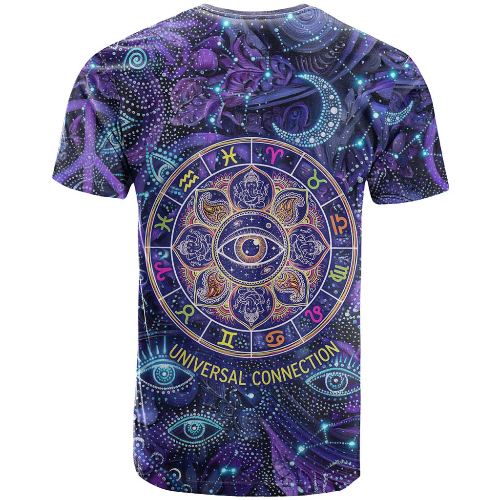 Universal Connection Zodiac T-Shirt Cosmic Eye and Sacred Om Vibration Graphic Tee