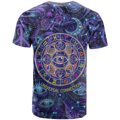 Universal Connection Zodiac T-Shirt Cosmic Eye and Sacred Om Vibration Graphic Tee