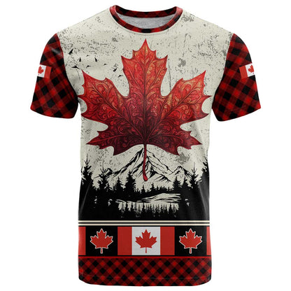 Canada Flag T-Shirt Maple Leaf & Plaid Pattern Design Graphic Tee