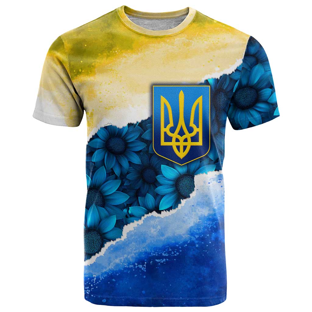 Trident Emblem Ukraine T-Shirt with Blue Sunflowers and Flag Colors Design Graphic Tee