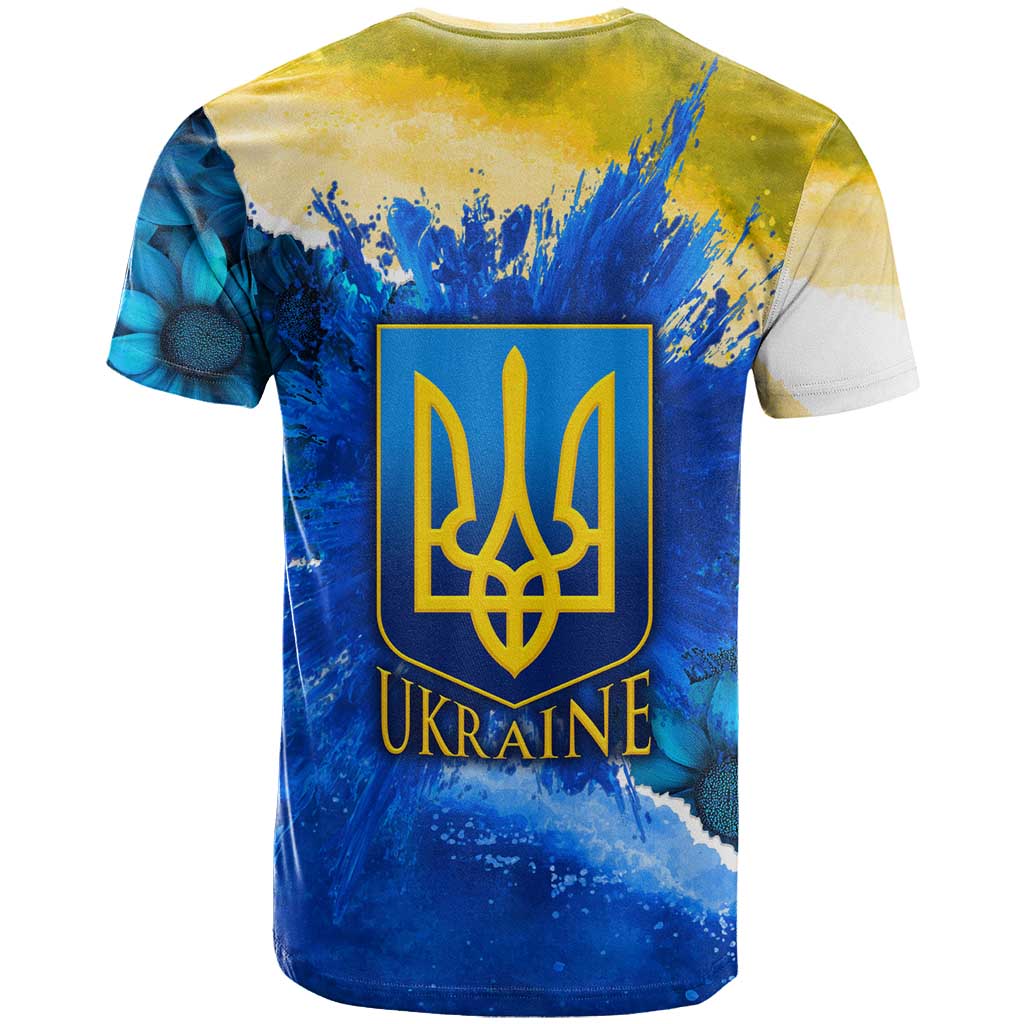 Trident Emblem Ukraine T-Shirt with Blue Sunflowers and Flag Colors Design Graphic Tee