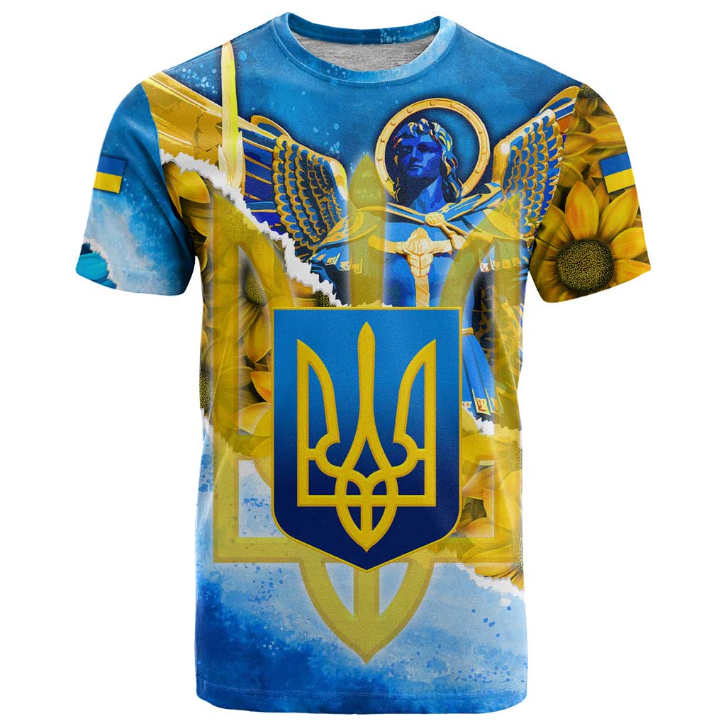 Ukraine Archangel Michael T-Shirt with Trident Emblem and Sunflowers Design Graphic Tee