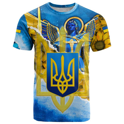 Ukraine Archangel Michael T-Shirt with Trident Emblem and Sunflowers Design Graphic Tee