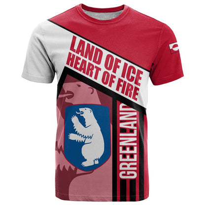 Greenland T-Shirt with Polar Bear Emblem and Land of Ice Heart of Fire Text Design Graphic Tee