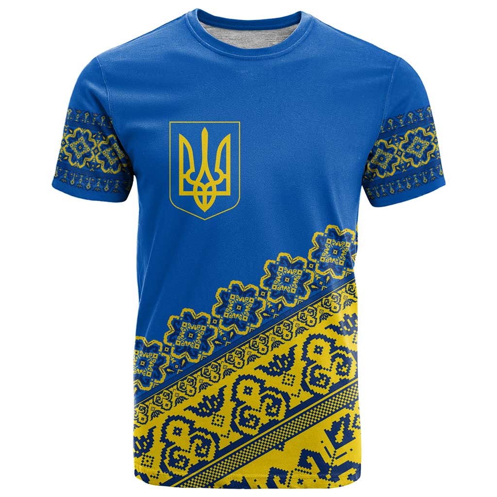 Ukraine Heritage Pride Vyshyvanka Pattern T-Shirt with National Symbol in Blue & Yellow Graphic Tee