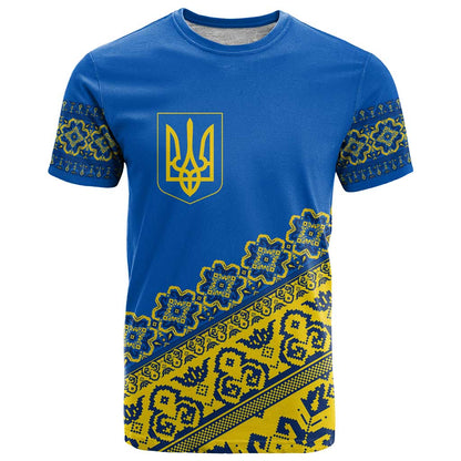 Ukraine Heritage Pride Vyshyvanka Pattern T-Shirt with National Symbol in Blue & Yellow Graphic Tee