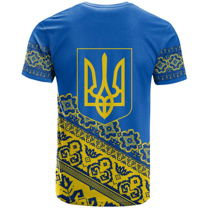 Ukraine Heritage Pride Vyshyvanka Pattern T-Shirt with National Symbol in Blue & Yellow Graphic Tee