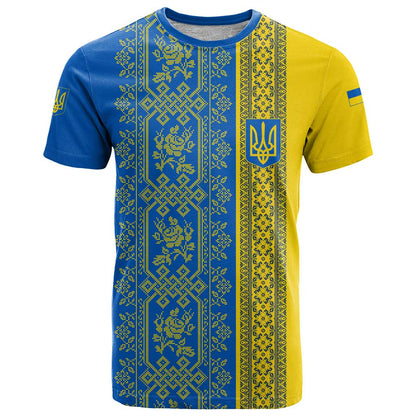Ukrainian Flag Colors T-Shirt with Trident Crest and Traditional Folk Pattern Graphic Tee