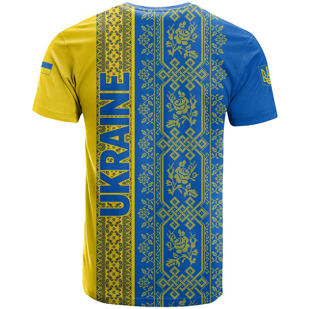 Ukrainian Flag Colors T-Shirt with Trident Crest and Traditional Folk Pattern Graphic Tee