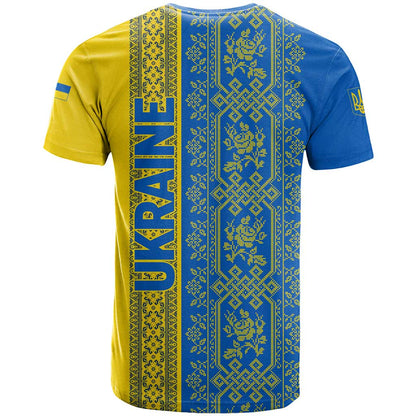 Ukrainian Flag Colors T-Shirt with Trident Crest and Traditional Folk Pattern Graphic Tee