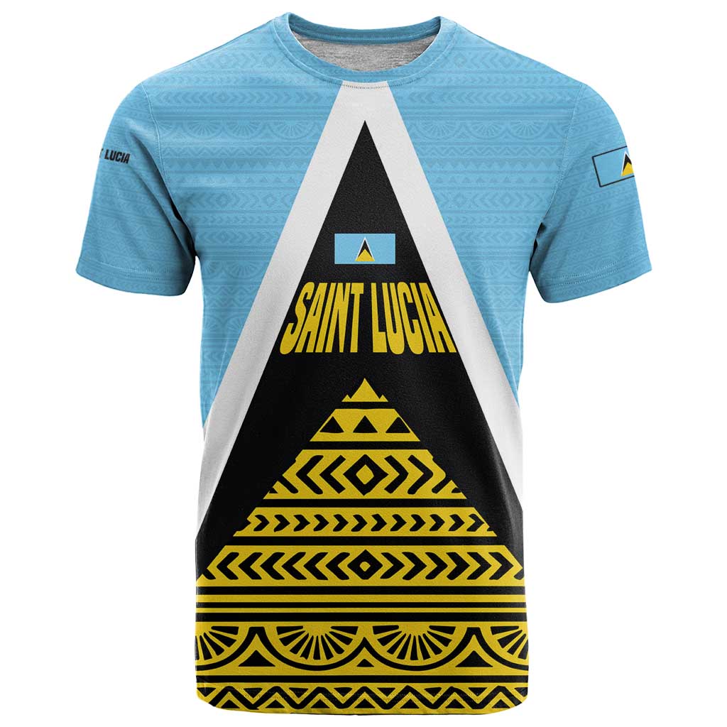 Saint Lucia Tribal Triangle Design T-Shirt with Flag Colors and The Land The People The Light Quote Graphic Tee
