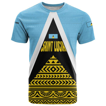 Saint Lucia Tribal Triangle Design T-Shirt with Flag Colors and The Land The People The Light Quote Graphic Tee