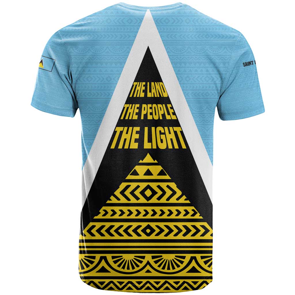 Saint Lucia Tribal Triangle Design T-Shirt with Flag Colors and The Land The People The Light Quote Graphic Tee