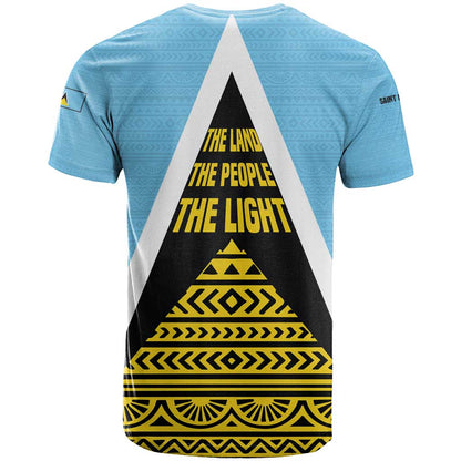 Saint Lucia Tribal Triangle Design T-Shirt with Flag Colors and The Land The People The Light Quote Graphic Tee