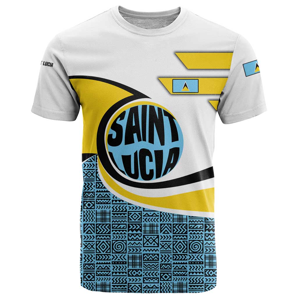Saint Lucia Modern Tribal Crest Design T-Shirt with Flag Colors and Bold Text Layout Graphic Tee