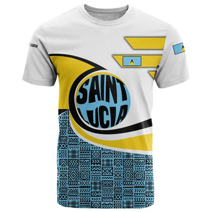 Saint Lucia Modern Tribal Crest Design T-Shirt with Flag Colors and Bold Text Layout Graphic Tee