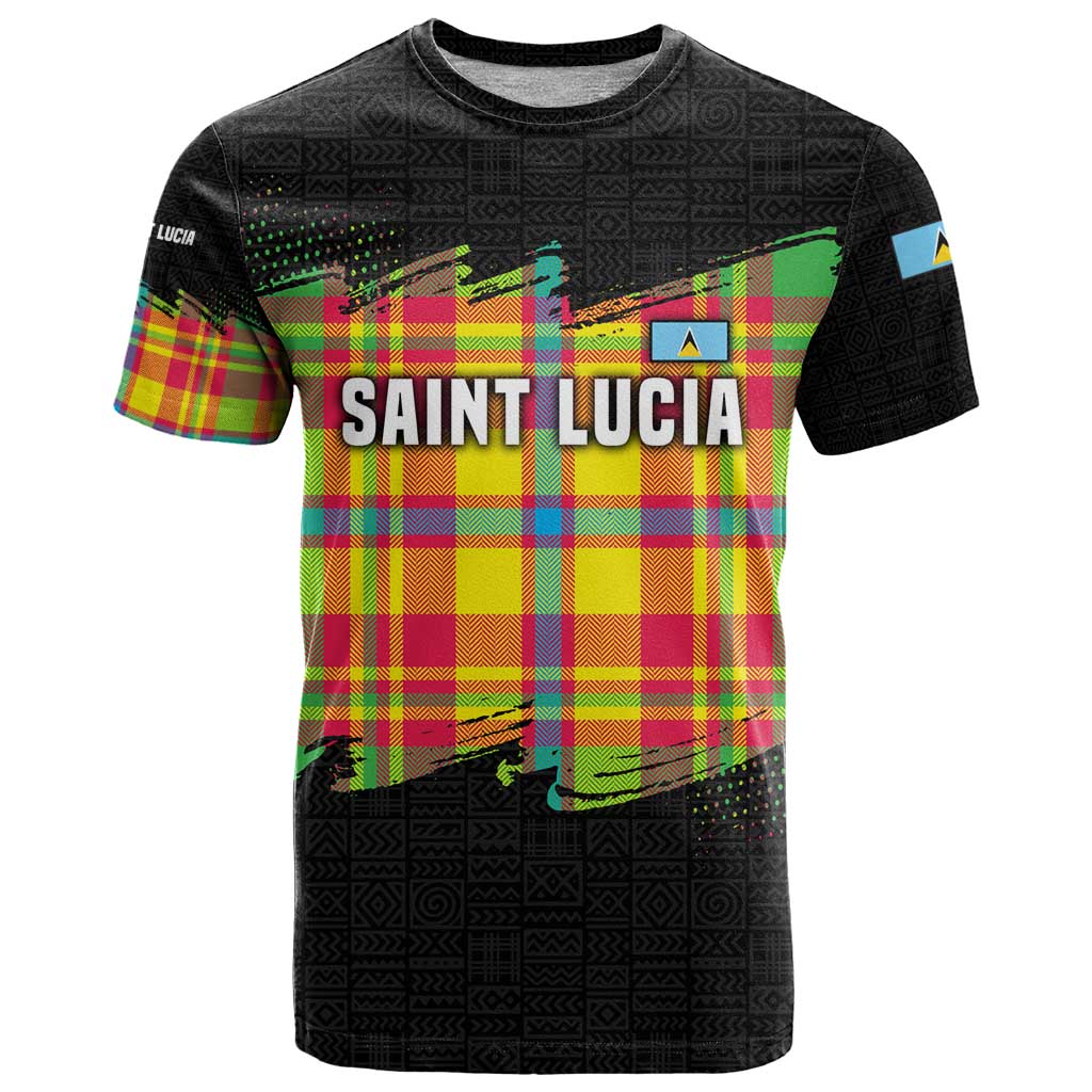 Saint Lucia Parrot T-Shirt with Madras Pattern and Cultural Black Motif Design Graphic Tee