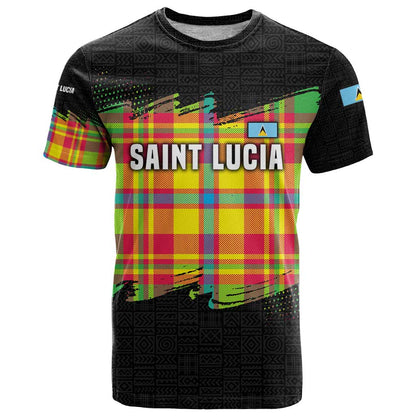 Saint Lucia Parrot T-Shirt with Madras Pattern and Cultural Black Motif Design Graphic Tee