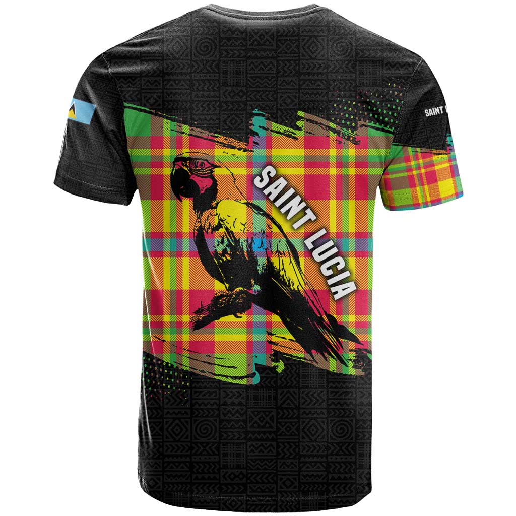Saint Lucia Parrot T-Shirt with Madras Pattern and Cultural Black Motif Design Graphic Tee