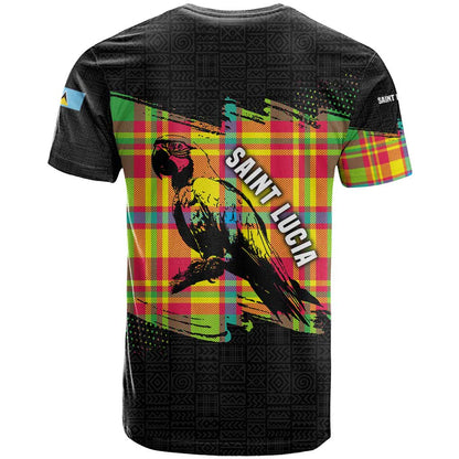 Saint Lucia Parrot T-Shirt with Madras Pattern and Cultural Black Motif Design Graphic Tee