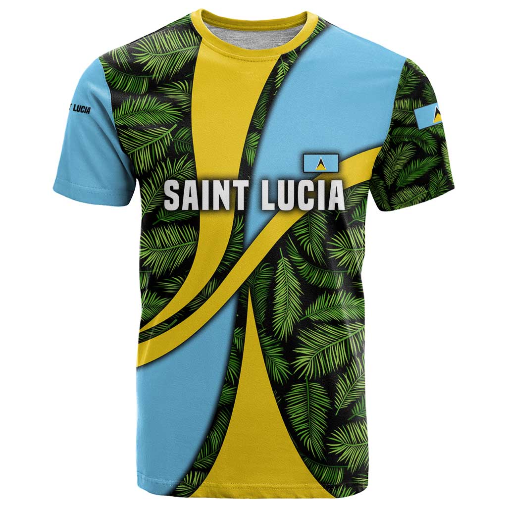 Saint Lucia Parrot T-Shirt with Tropical Palm Leaf and Flag Color Wave Design Graphic Tee