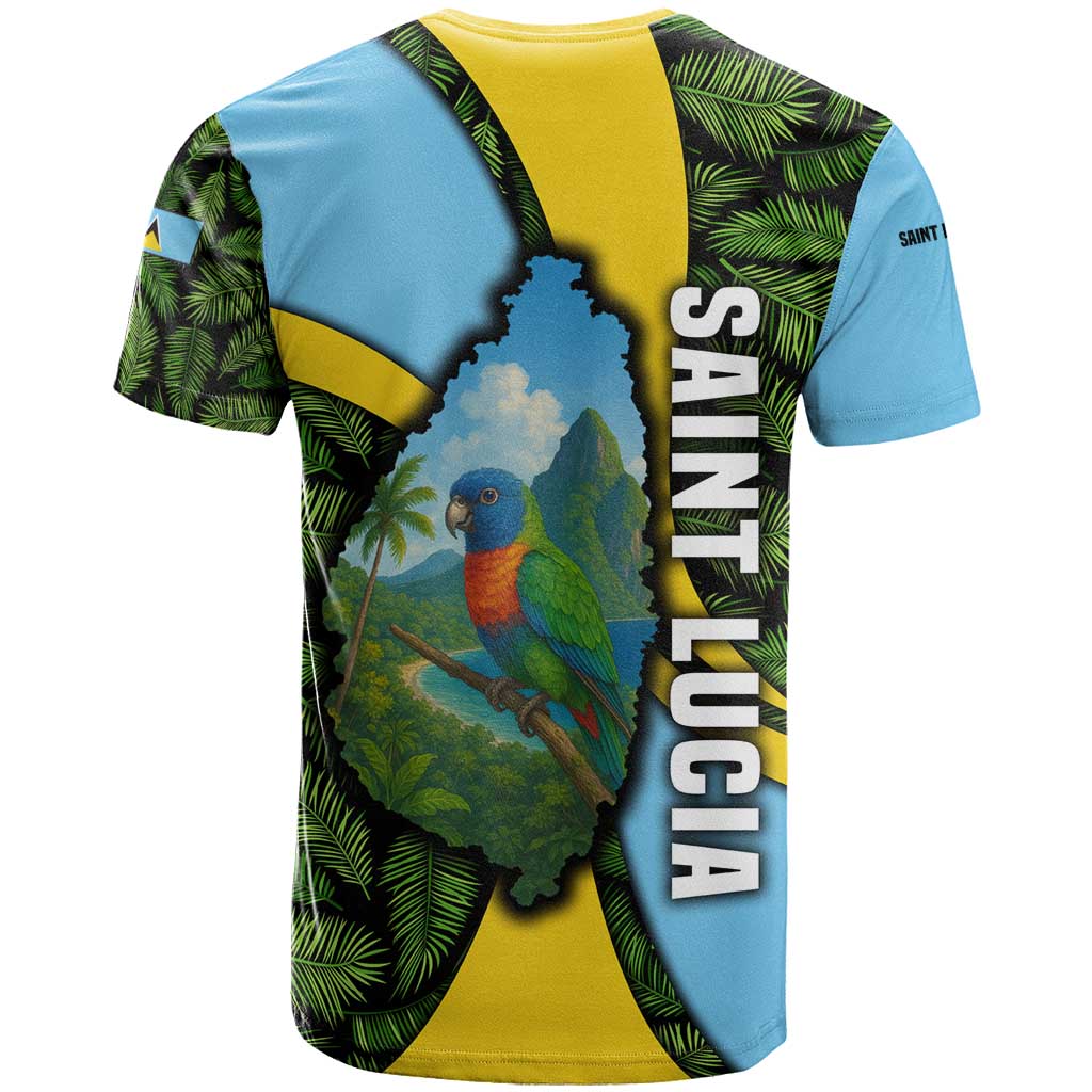 Saint Lucia Parrot T-Shirt with Tropical Palm Leaf and Flag Color Wave Design Graphic Tee