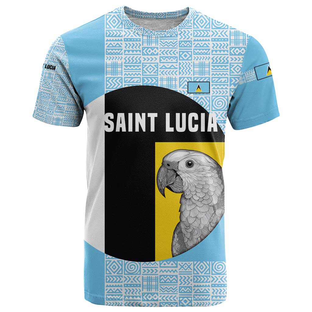 Saint Lucia Graphic Parrot T-Shirt with Tribal Pattern and Minimalist Blue Black Design Graphic Tee