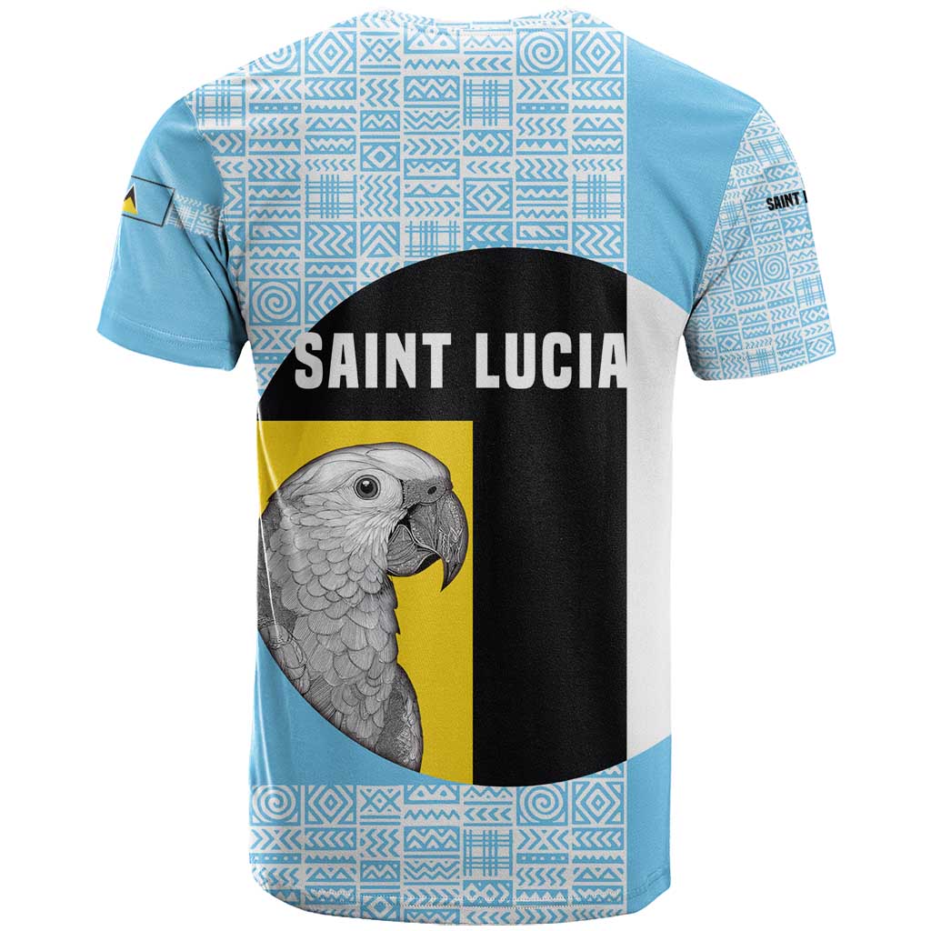 Saint Lucia Graphic Parrot T-Shirt with Tribal Pattern and Minimalist Blue Black Design Graphic Tee